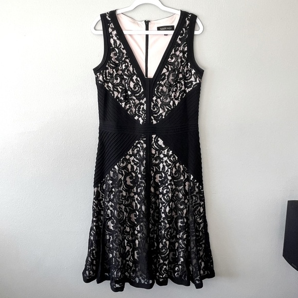 Tadashi Shoji Fit and Flare Black/Blush Stretch Lace Dress Sz 14 - Picture 2 of 8